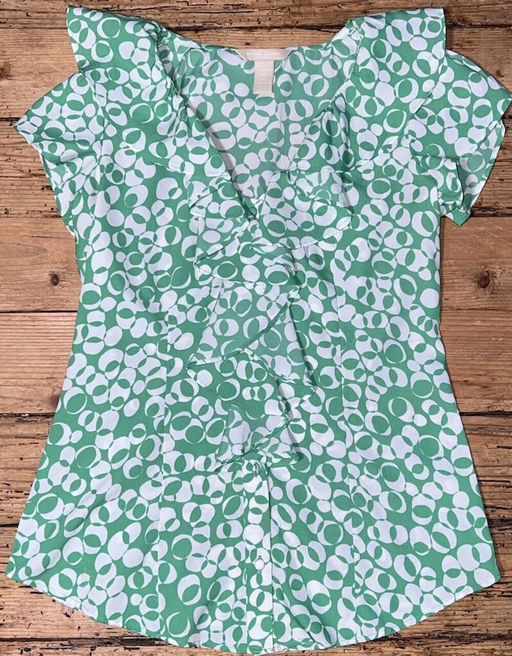 Banana Republic V Neck Ruffle Blouse Sleeveless Petite XS Women Green & White